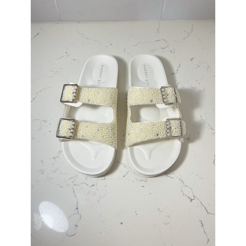 Madden Girl Teddy Pearl Sandals Slides Sz 10 White Jeweled Bride Bridal Wedding